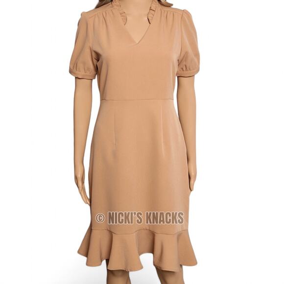 Nanette Lepore Puff Sleeve Fit & Flare Ruffle Hem Dress Beige Neutral Size 2 - Picture 3 of 12